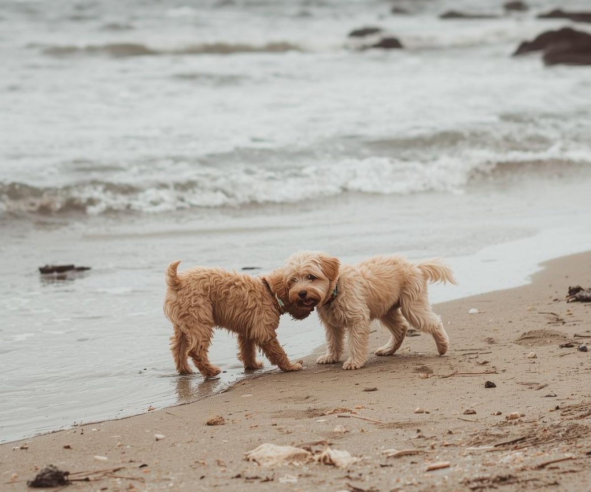 onlineseite www.hyggedogs.de und wir, bild, skandinavischer still in braun in beige, mit zwei Maltipoo auf dem bild, am strand ohne text
